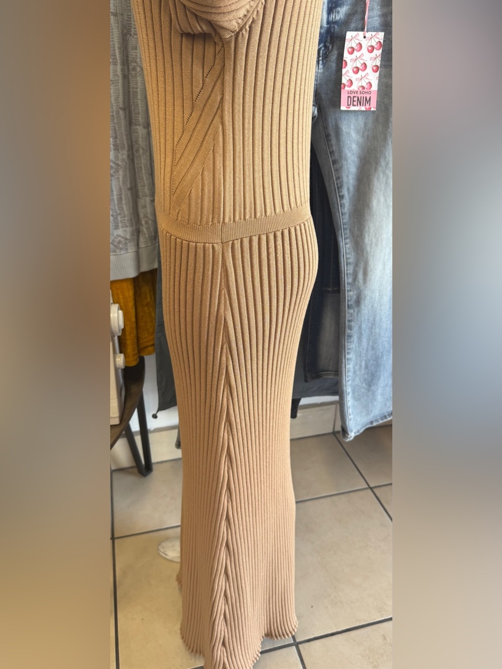 Express Camel Ribbed Long Sleeve Maxi Dress - Picture 6 of 7